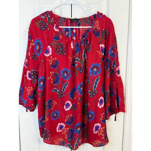 Zac & Rachel Tops - Zac‎ & Rachel Floral Blouse Button Sleeve Tie Detail Red Bohemian 1X